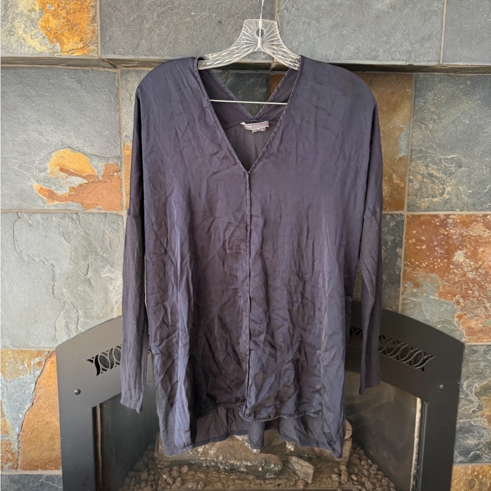 Vince Navy Blue Shiny, Drapey Silk V-Neck Oversized Relaxed Fit Tunic Blouse XS